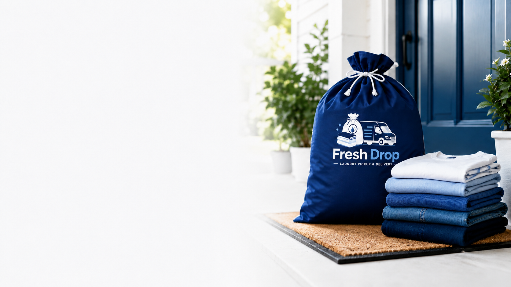 Fresh Drop branded bag of fresh folded laundry delivered to a doorstep in Hamden, New Haven & North Haven, CT