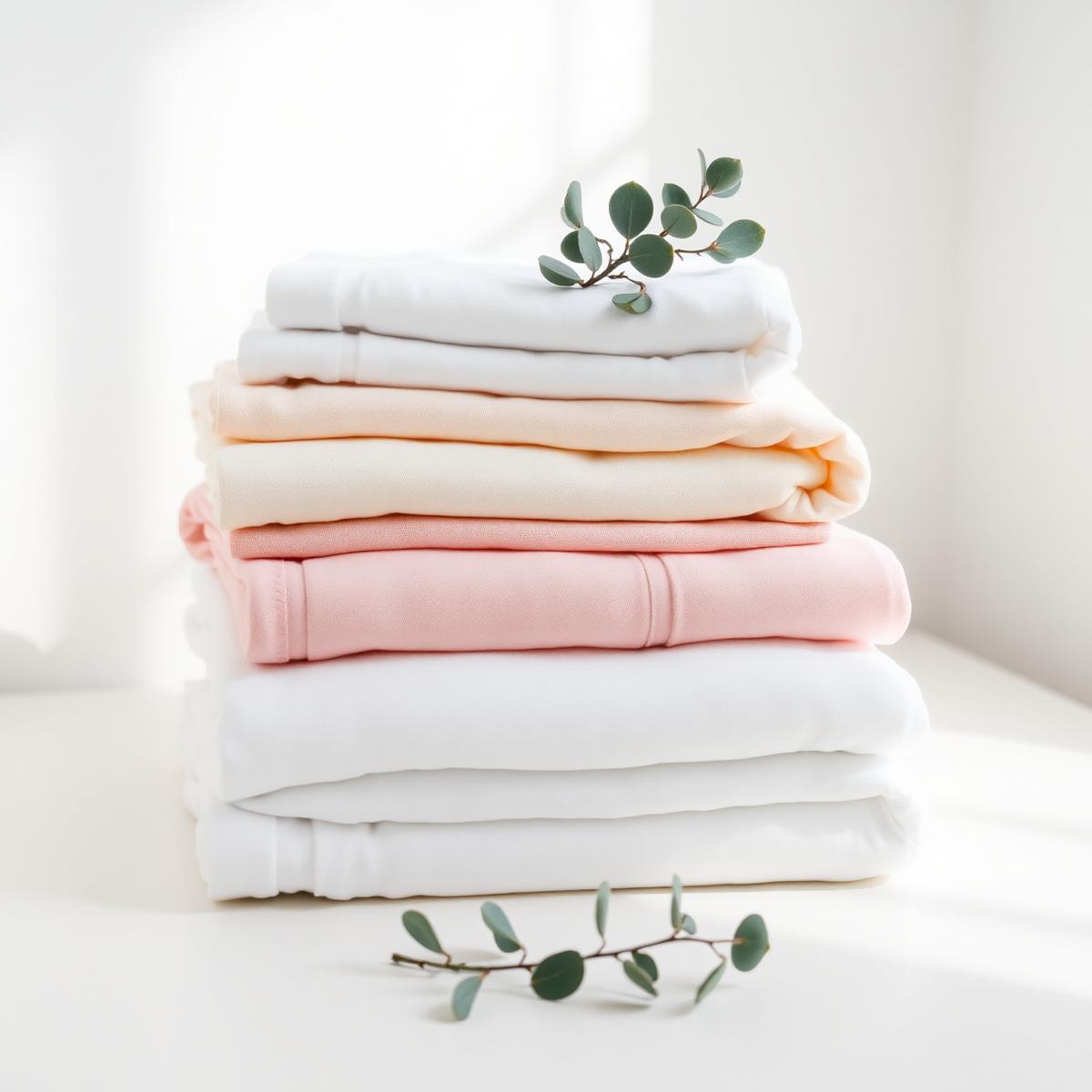 Crisply folded fresh laundry with a sprig of eucalyptus